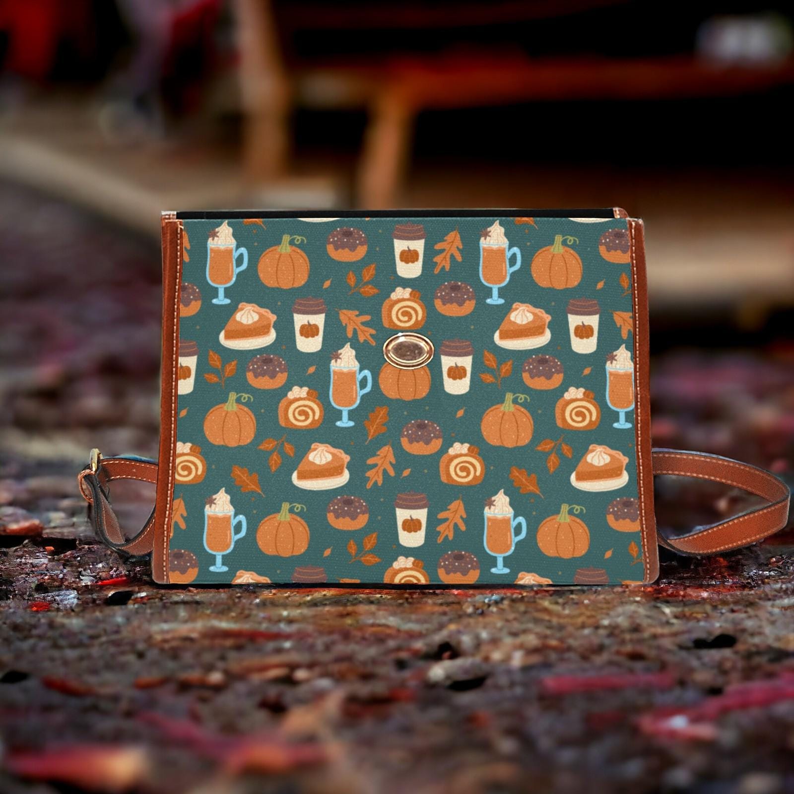 Canvas Bag, Fall Bag, Knitted Skulls, October Outfit, Crossbody Bag, Gift for Pumpkin Spice Lovers, Cute Purse, Satchel Bag, Coffee Bag