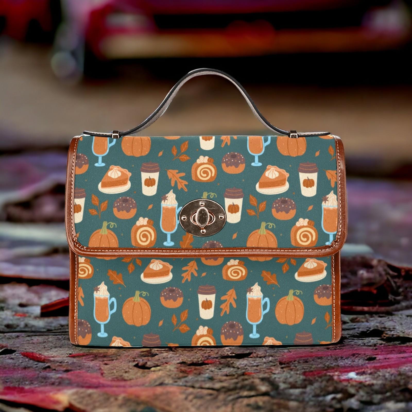 Canvas Bag, Fall Bag, Knitted Skulls, October Outfit, Crossbody Bag, Gift for Pumpkin Spice Lovers, Cute Purse, Satchel Bag, Coffee Bag