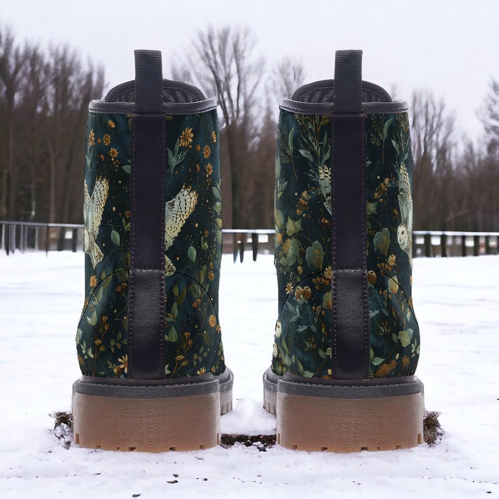 Snowy Owls Combat Boots, Marigold Clothing, Mens Leather Boots, Witch Shoes, Gift for Owl Lover, Women's Platform, Cottagecore Dark Academia