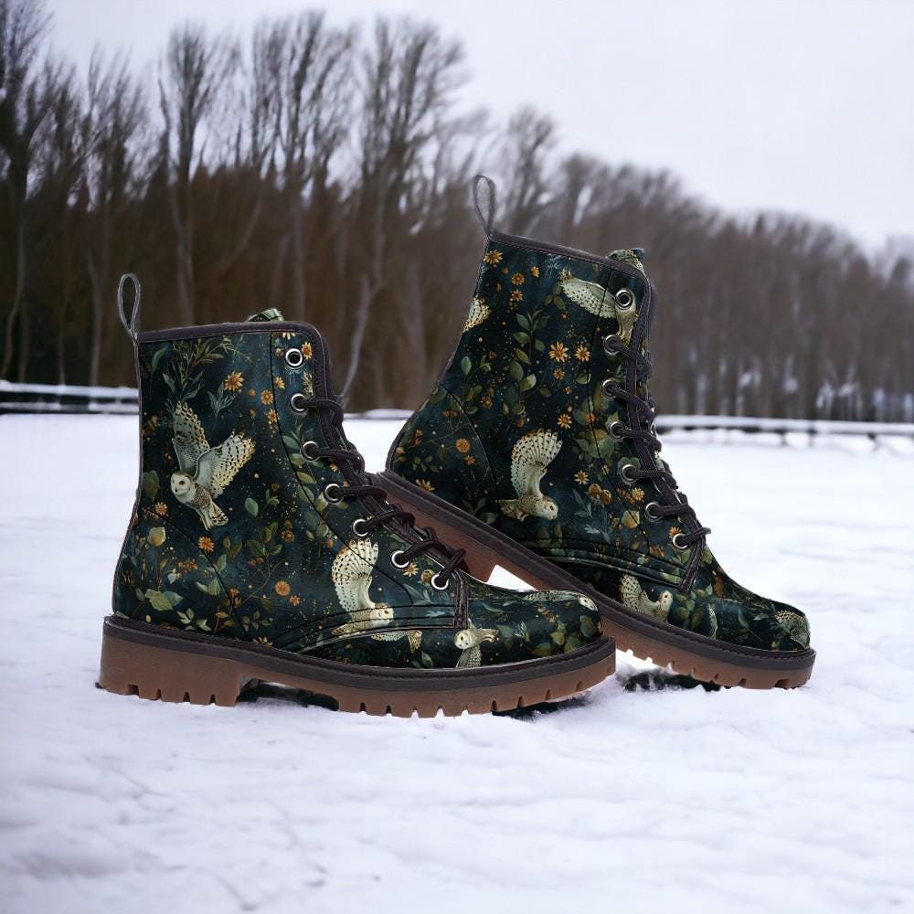 Snowy Owls Combat Boots, Marigold Clothing, Mens Leather Boots, Witch Shoes, Gift for Owl Lover, Women's Platform, Cottagecore Dark Academia