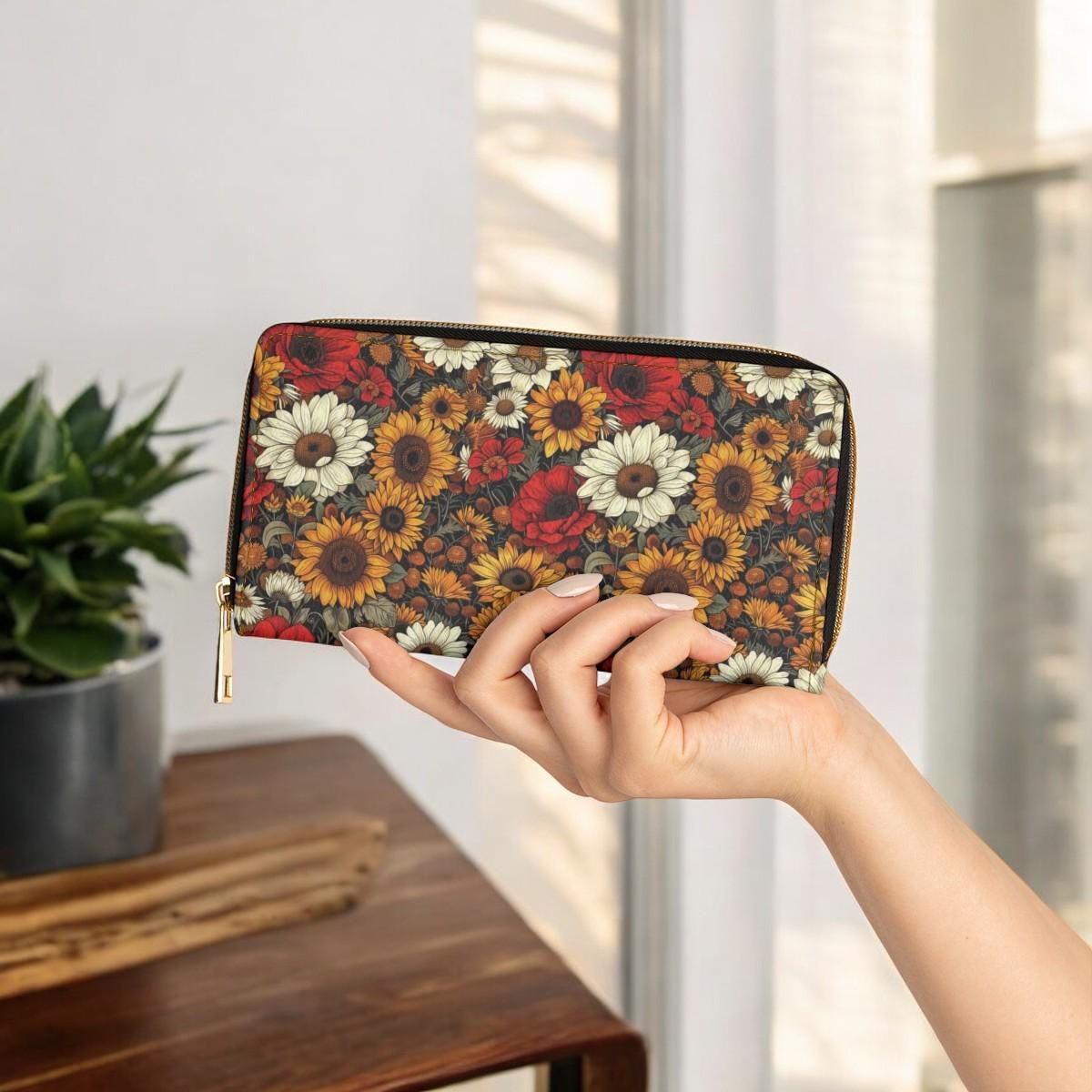 Sunflower Wallet, Slim Wallet, Fall Print Vegan Gifts For Her Vegan Leather Credit Card Wallet Slim Leather Wallet Women Gothic Wallet