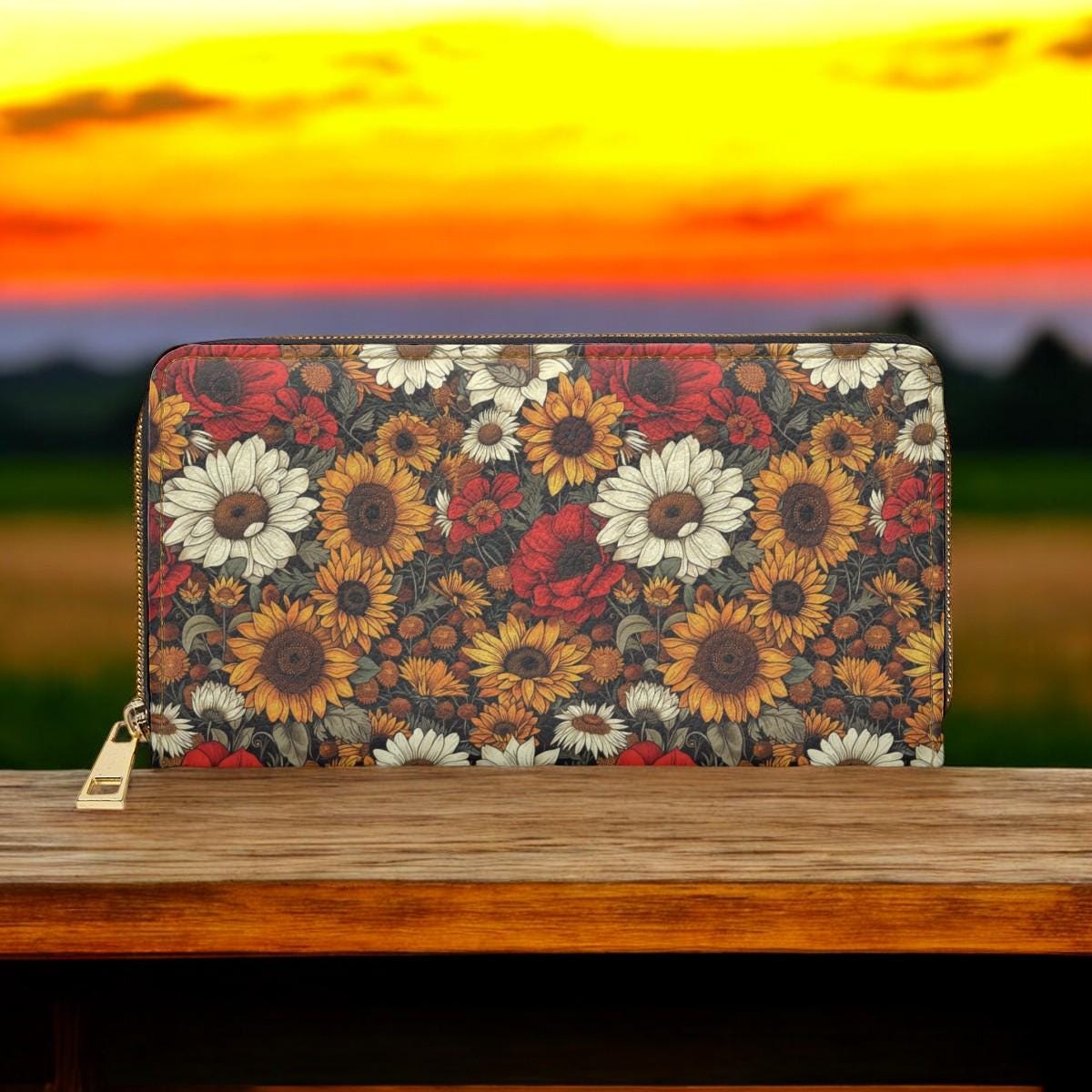 Sunflower Wallet, Slim Wallet, Fall Print Vegan Gifts For Her Vegan Leather Credit Card Wallet Slim Leather Wallet Women Gothic Wallet