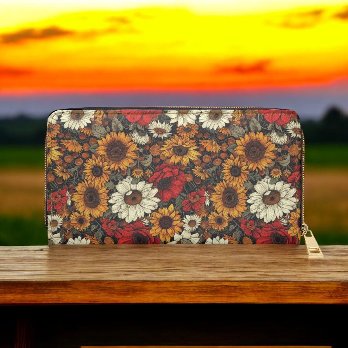 Sunflower Wallet, Slim Wallet, Fall Print Vegan Gifts For Her Vegan Leather Credit Card Wallet Slim Leather Wallet Women Gothic Wallet
