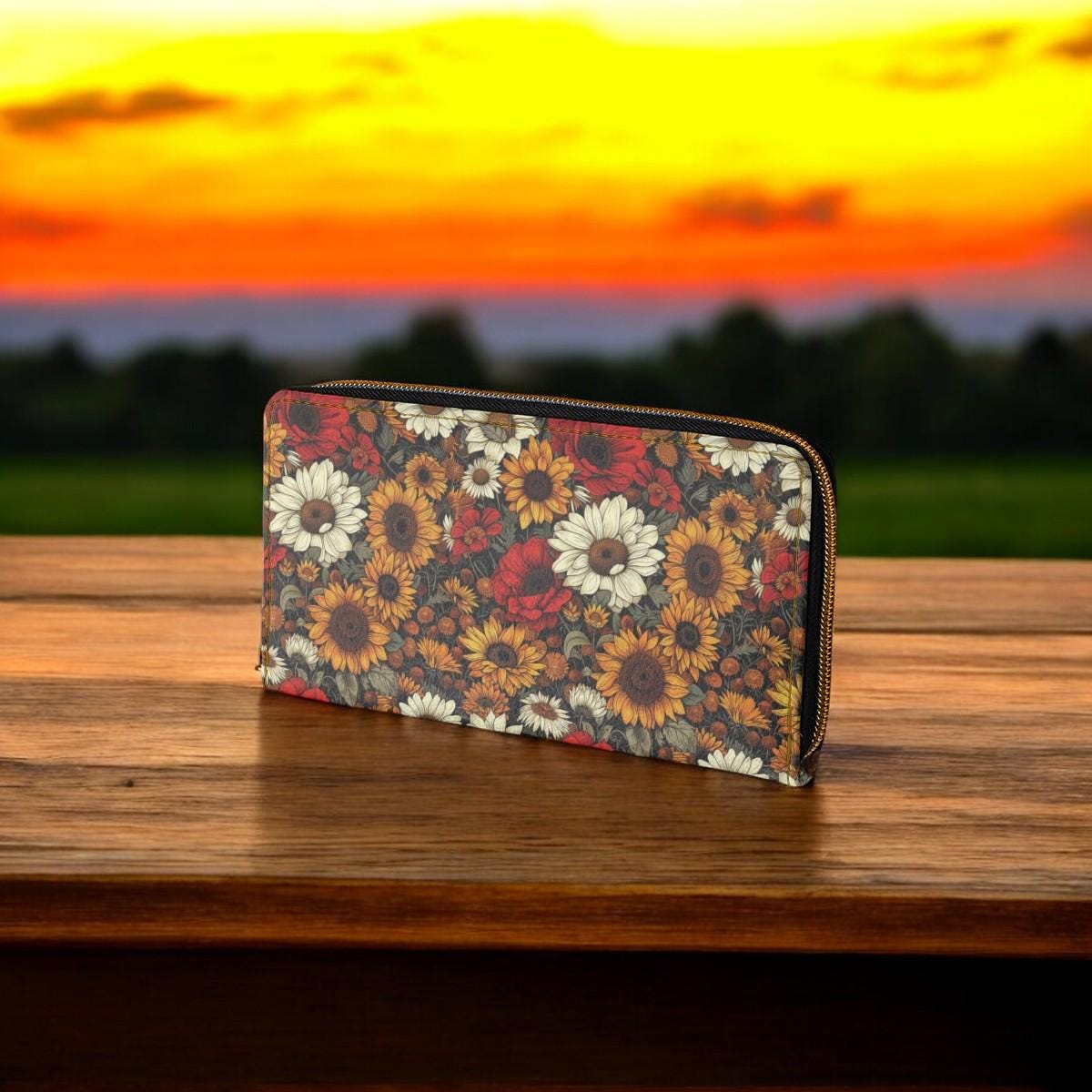 Sunflower Wallet, Slim Wallet, Fall Print Vegan Gifts For Her Vegan Leather Credit Card Wallet Slim Leather Wallet Women Gothic Wallet