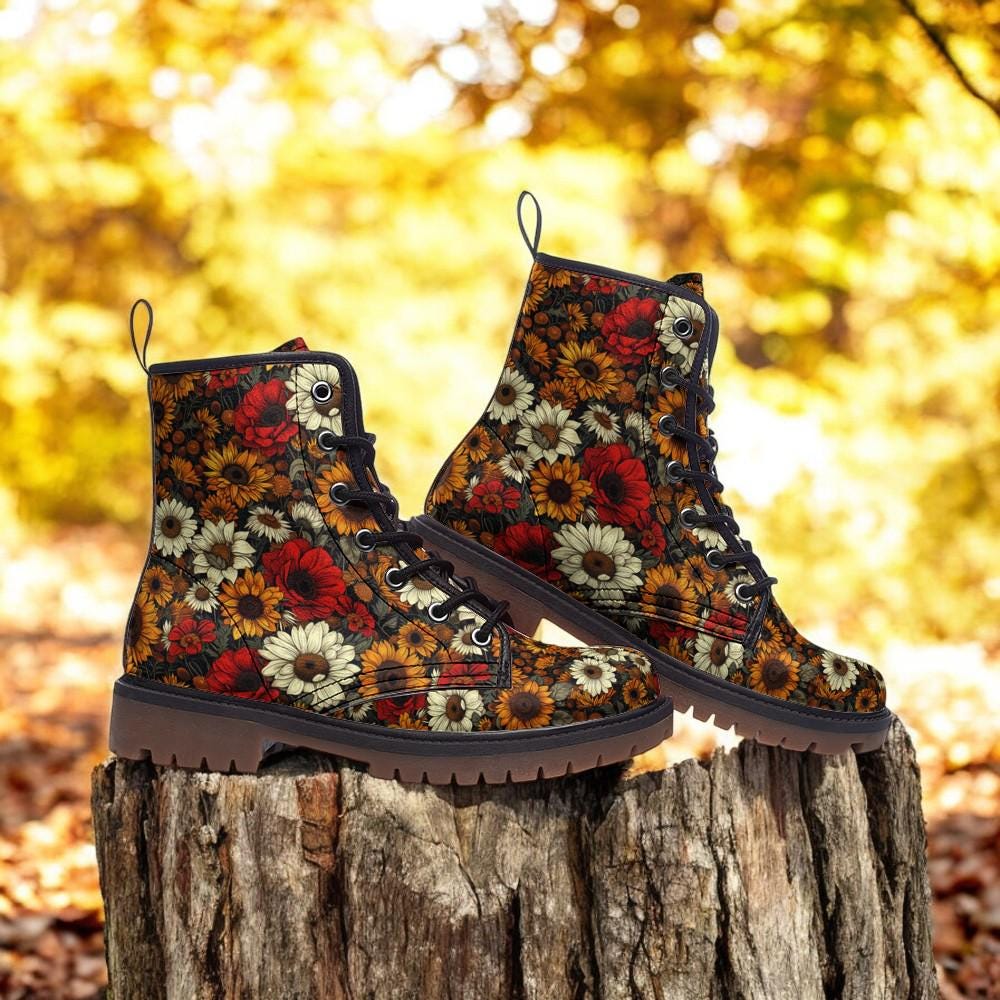 Combat Boots, Fall Floral Boots, Goth Shoes, Mens Leather Boots, Witch Shoes, Gift for Flower Lover, Women's Platform, Cottagecore Clothing