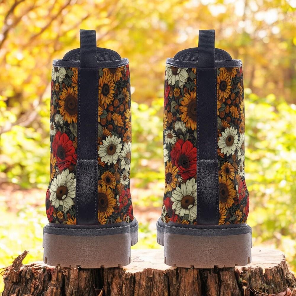 Combat Boots, Fall Floral Boots, Goth Shoes, Mens Leather Boots, Witch Shoes, Gift for Flower Lover, Women's Platform, Cottagecore Clothing