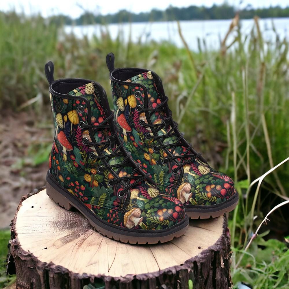 Combat Boots, Mushroom Clothing, Mens Leather Boots, Witch Shoes, Gift for Mushroom Lover, Women's Platform, Cottagecore Dark Academia