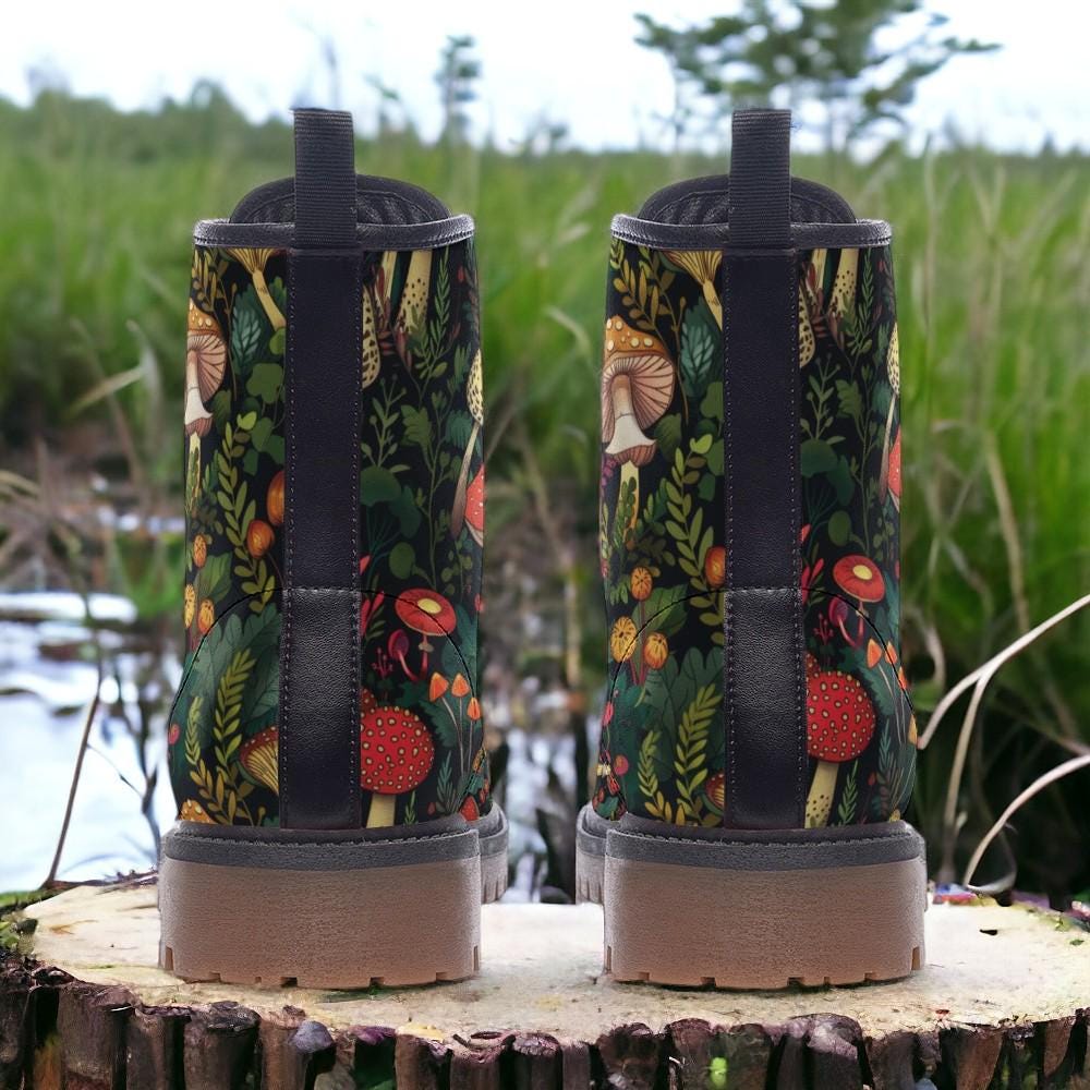 Combat Boots, Mushroom Clothing, Mens Leather Boots, Witch Shoes, Gift for Mushroom Lover, Women's Platform, Cottagecore Dark Academia