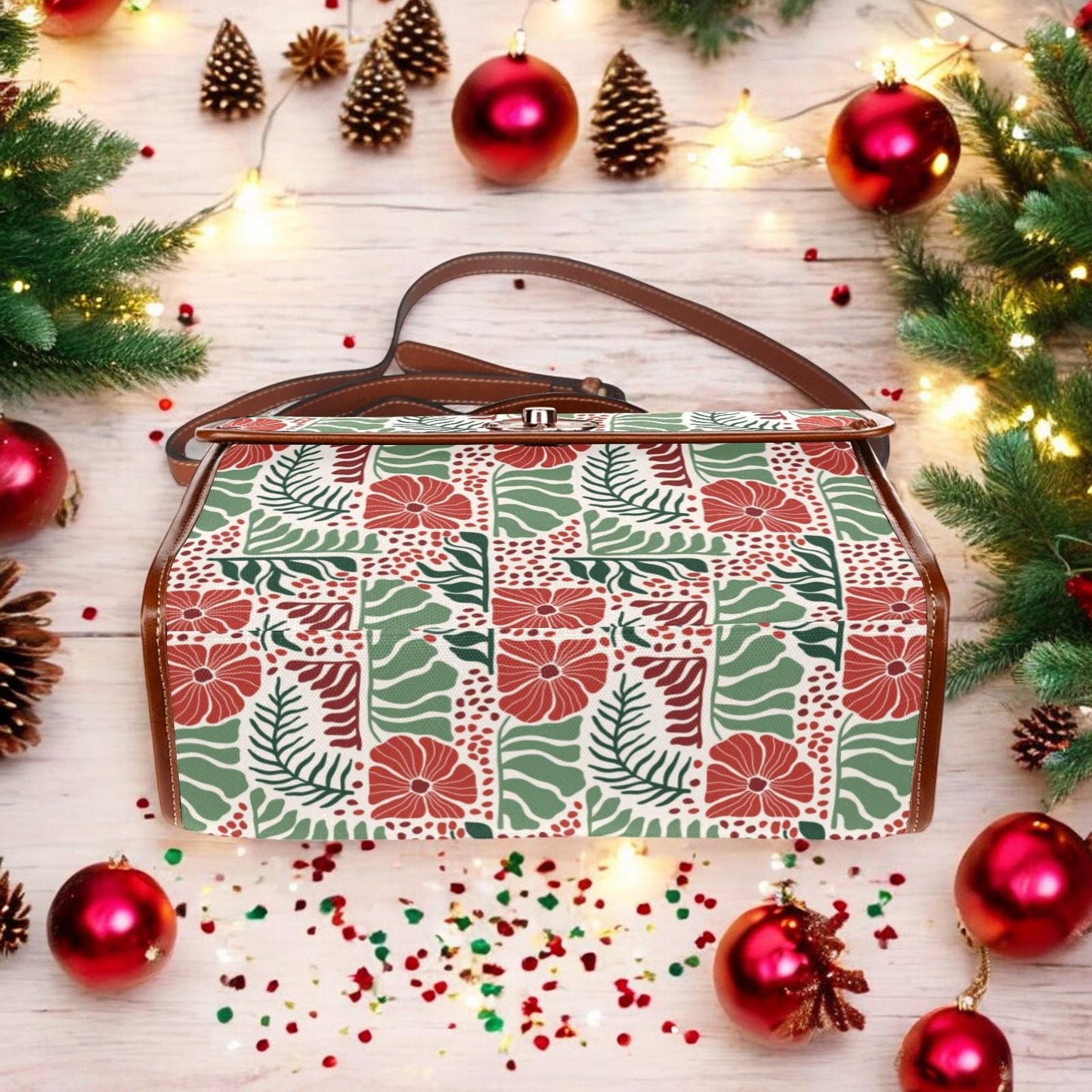 Canvas Crossbody Bag, Christmas Poinsettia, Purse, Dark Academia, Leather Crossbody Bag, Holiday Outfit Accessory, Christmas Stocking Gift