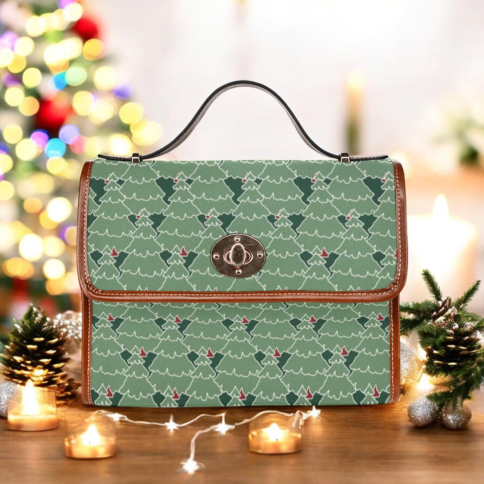 Canvas Crossbody Bag, Christmas Trees, Purse, Dark Academia, Leather Crossbody Bag, Holiday Outfit Accessory, Christmas Stocking Gift