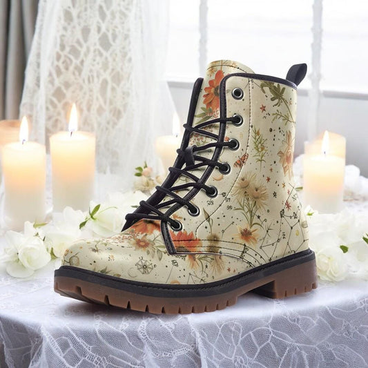 Combat Boots, Fall Floral Boots, Goth Shoes, Mens Leather Boots, Witch Shoes, Gift for Flower Lover, Women's Platform, Cottagecore Clothing