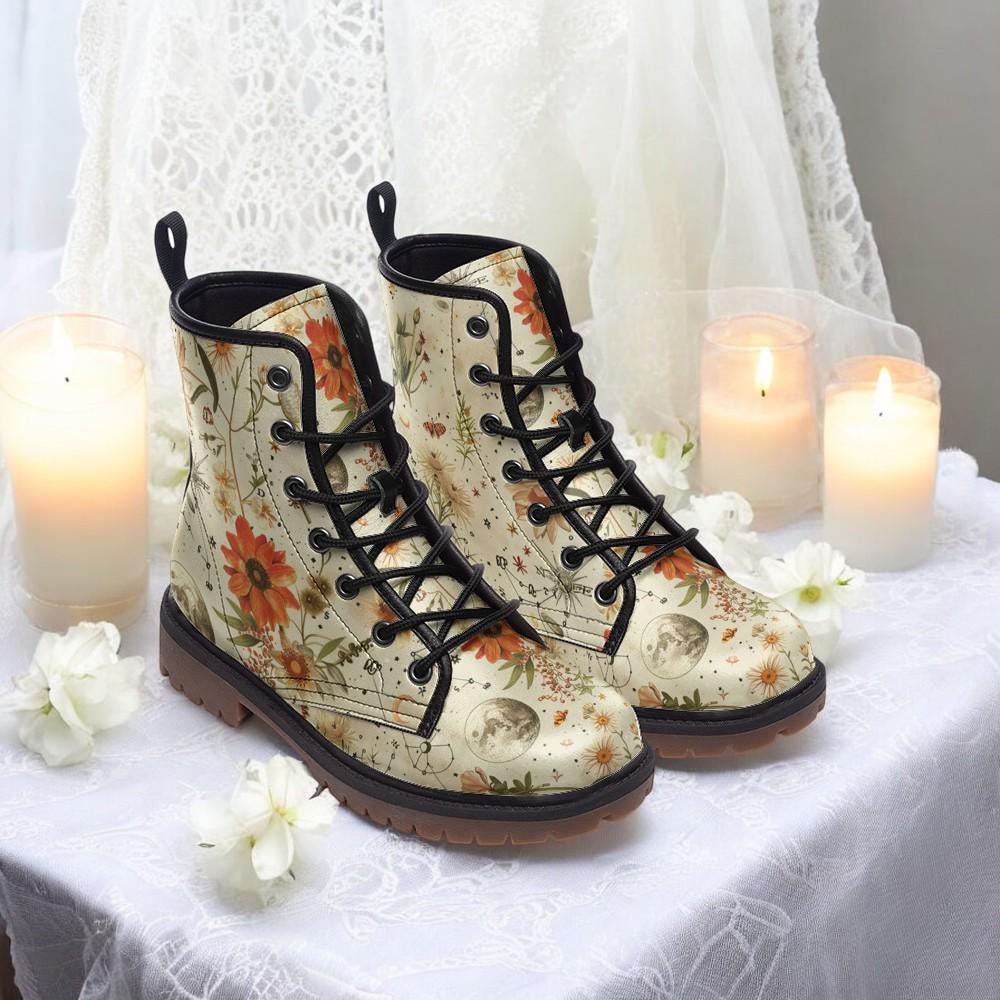 Combat Boots, Fall Floral Boots, Goth Shoes, Mens Leather Boots, Witch Shoes, Gift for Flower Lover, Women's Platform, Cottagecore Clothing