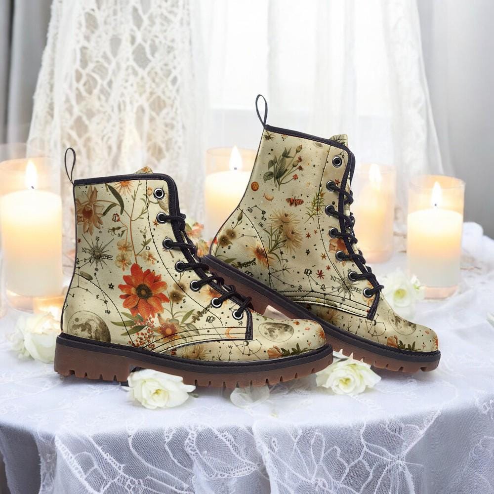 Combat Boots, Fall Floral Boots, Goth Shoes, Mens Leather Boots, Witch Shoes, Gift for Flower Lover, Women's Platform, Cottagecore Clothing