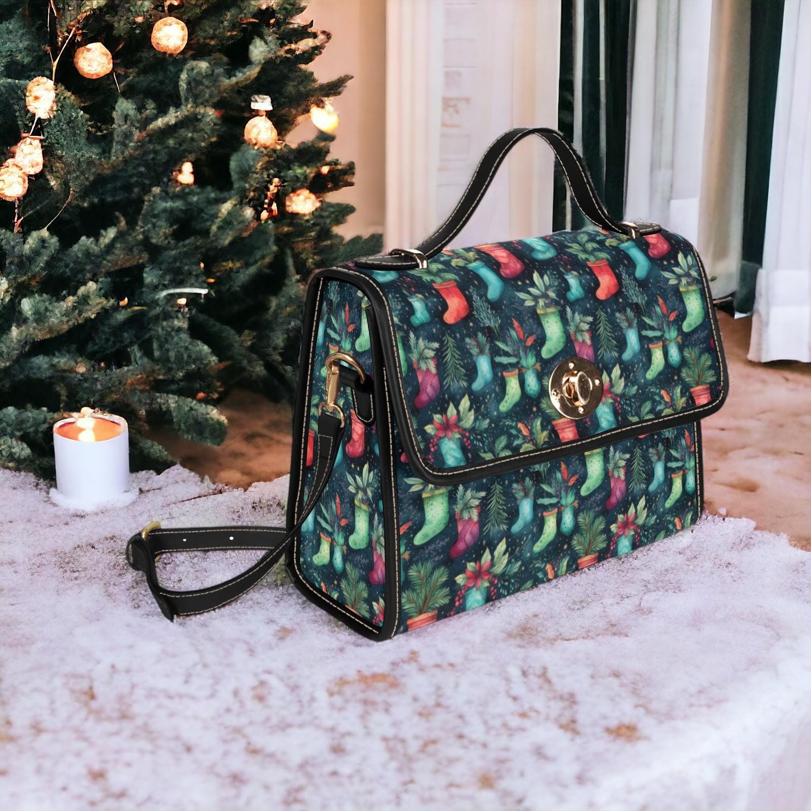Canvas Crossbody Bag, Vintage Christmas Purse, Dark Academia, Soft Leather Crossbody Bag, Holiday Outfit Accessory, Christmas Stocking Gift