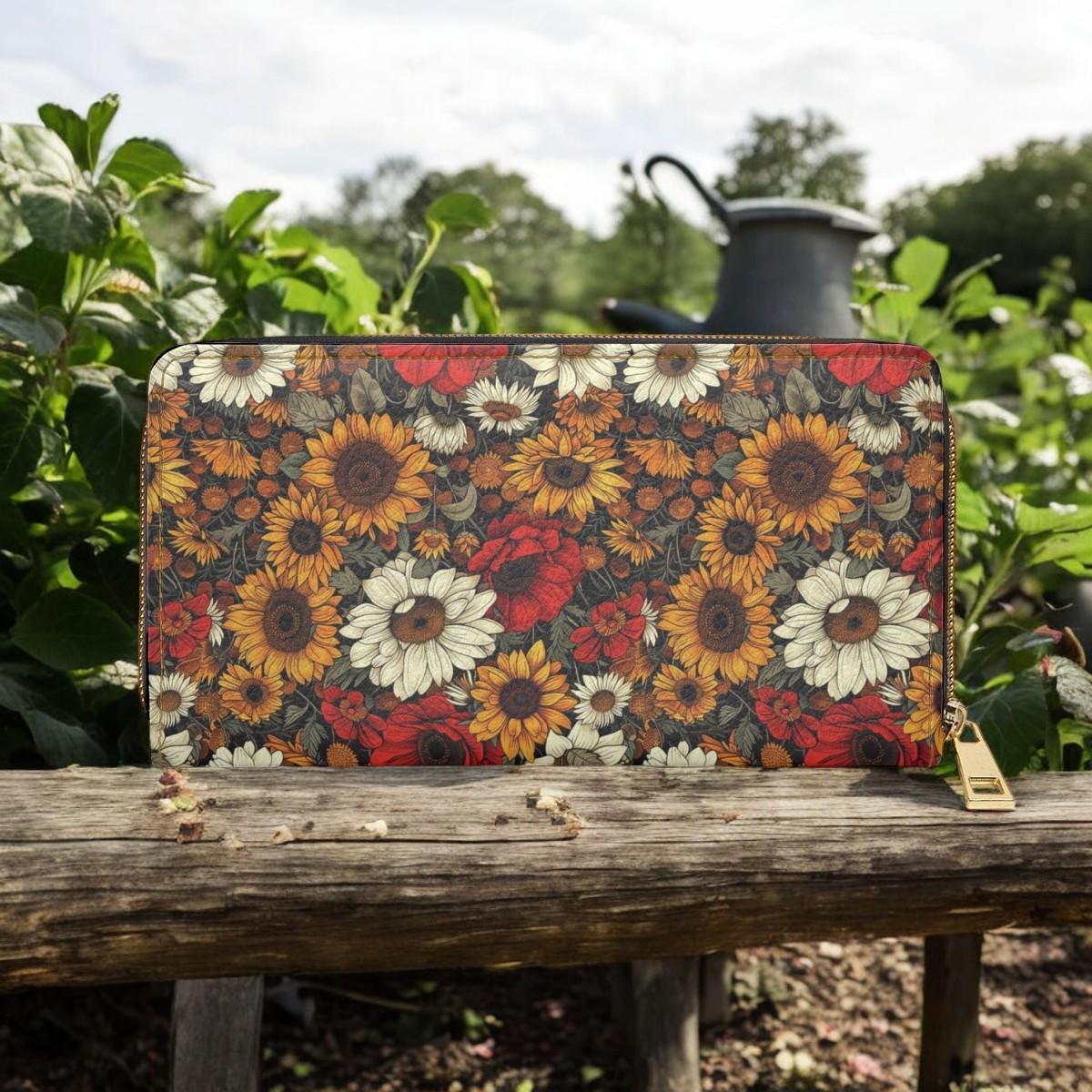 Sunflower Wallet, Slim Wallet, Fall Print Vegan Gifts For Her Vegan Leather Credit Card Wallet Slim Leather Wallet Women Gothic Wallet