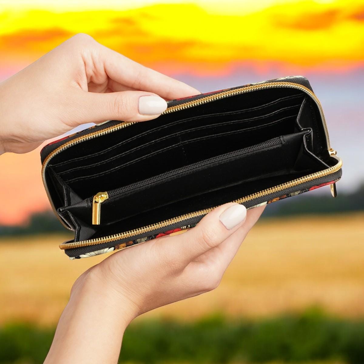 Sunflower Wallet, Slim Wallet, Fall Print Vegan Gifts For Her Vegan Leather Credit Card Wallet Slim Leather Wallet Women Gothic Wallet