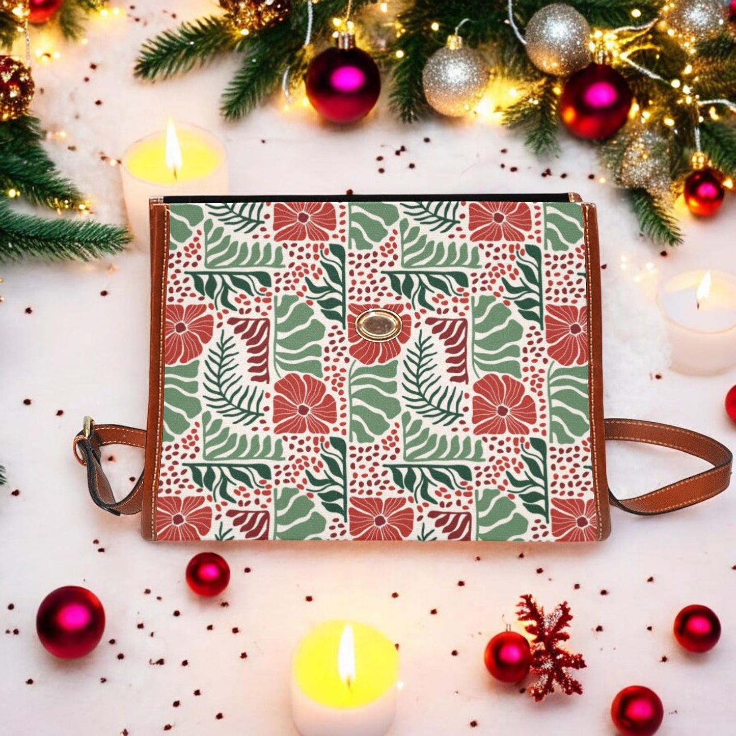 Canvas Crossbody Bag, Christmas Poinsettia, Purse, Dark Academia, Leather Crossbody Bag, Holiday Outfit Accessory, Christmas Stocking Gift