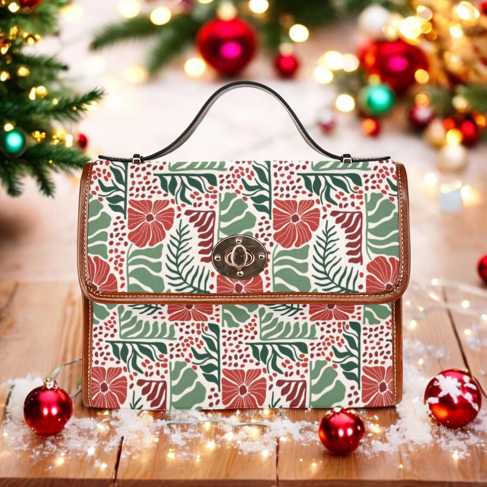 Canvas Crossbody Bag, Christmas Poinsettia, Purse, Dark Academia, Leather Crossbody Bag, Holiday Outfit Accessory, Christmas Stocking Gift