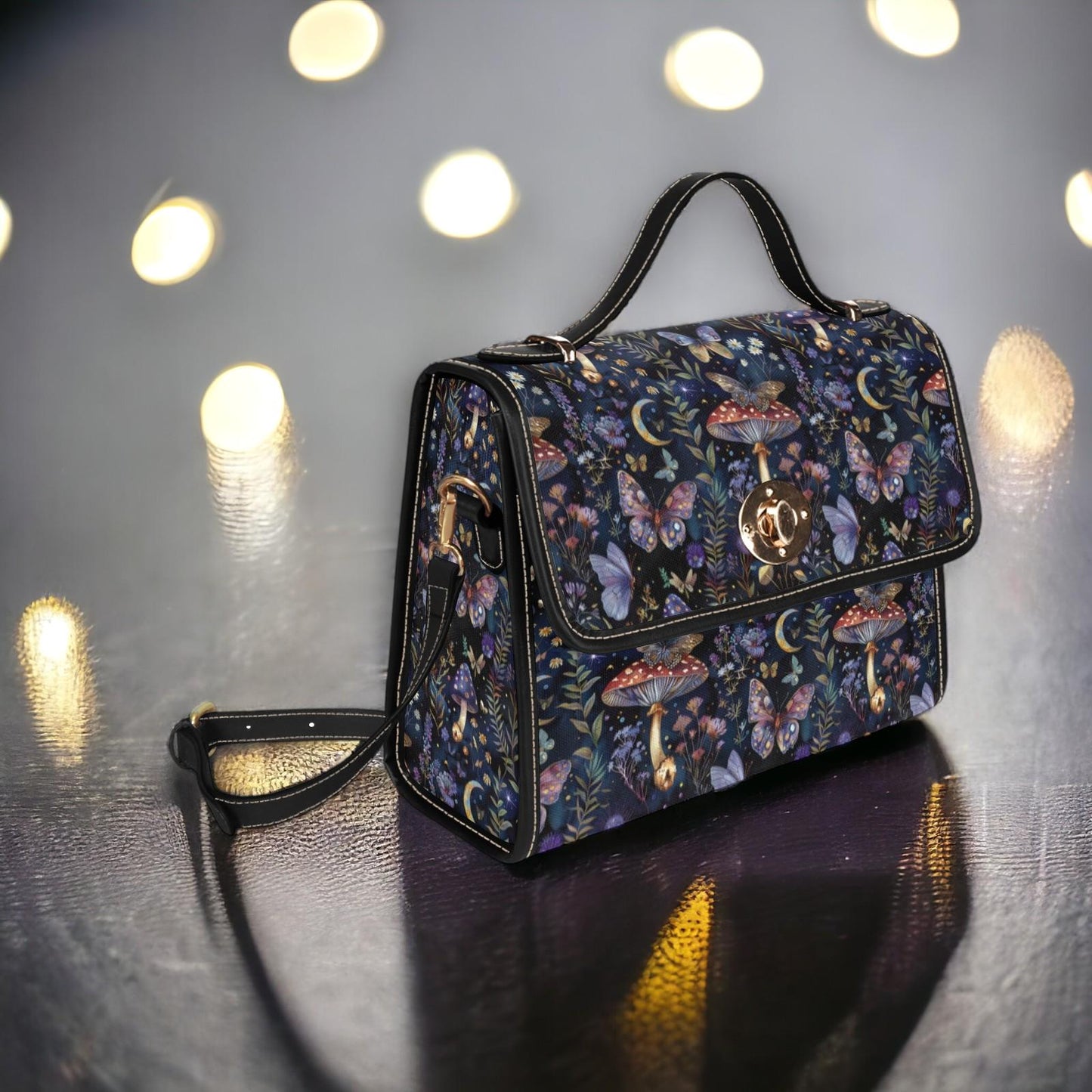 Black Satchel Bag, Canvas Crossbody Bag, Mushroom Purse, Goblincore Crossbody, Dark Cottagecore, Gift for Witchy Lovers, Dark Academia