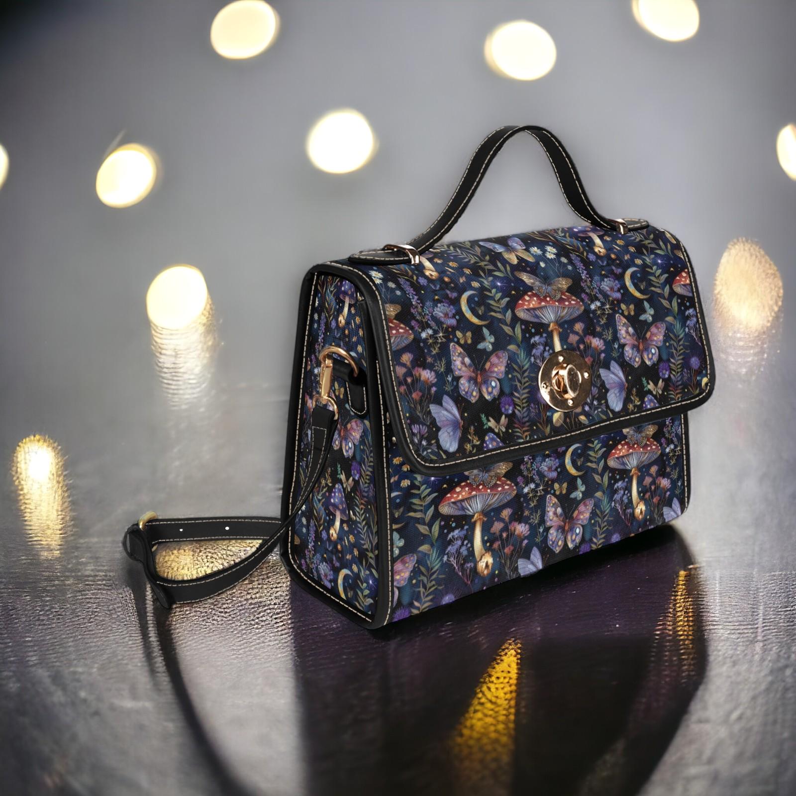 Black Satchel Bag, Canvas Crossbody Bag, Mushroom Purse, Goblincore Crossbody, Dark Cottagecore, Gift for Witchy Lovers, Dark Academia
