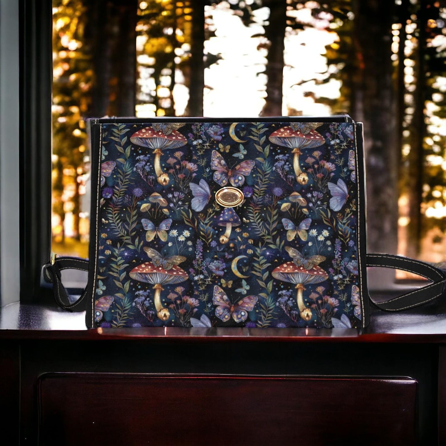 Black Satchel Bag, Canvas Crossbody Bag, Mushroom Purse, Goblincore Crossbody, Dark Cottagecore, Gift for Witchy Lovers, Dark Academia