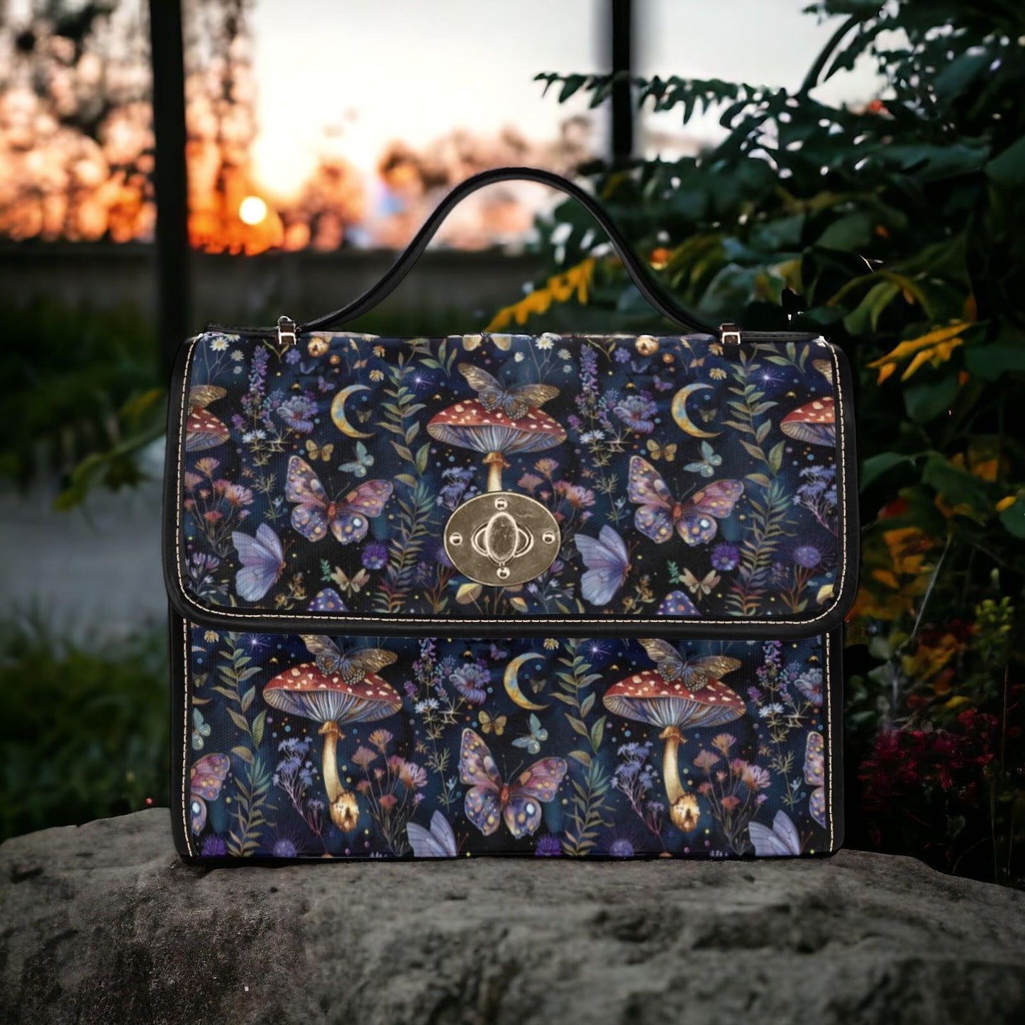 Black Satchel Bag, Canvas Crossbody Bag, Mushroom Purse, Goblincore Crossbody, Dark Cottagecore, Gift for Witchy Lovers, Dark Academia