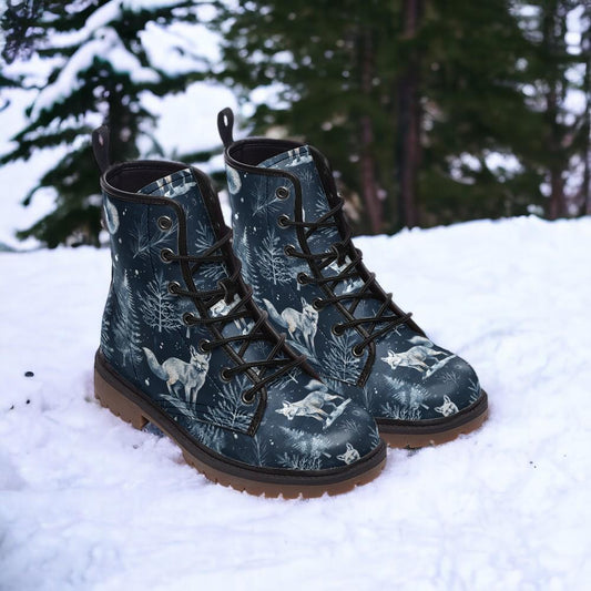 Snowy Fox Combat Boots, Fox Clothing, Mens Leather Boots, Witch Shoes, Gift for Fox Lover, Women's Platform, Cottagecore Dark Academia Toile