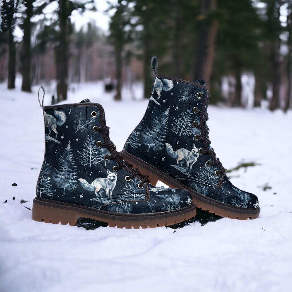 Snowy Fox Combat Boots, Fox Clothing, Mens Leather Boots, Witch Shoes, Gift for Fox Lover, Women's Platform, Cottagecore Dark Academia Toile