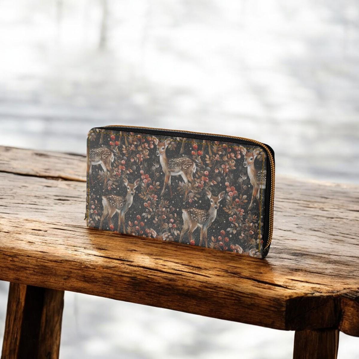 Cute Wallet, Slim Wallet, Winter Wallet, Gift For Deer Lover, Wallet for Women, Travel Wallet, Vegan Leather Accessory, Boho, Cottagecore