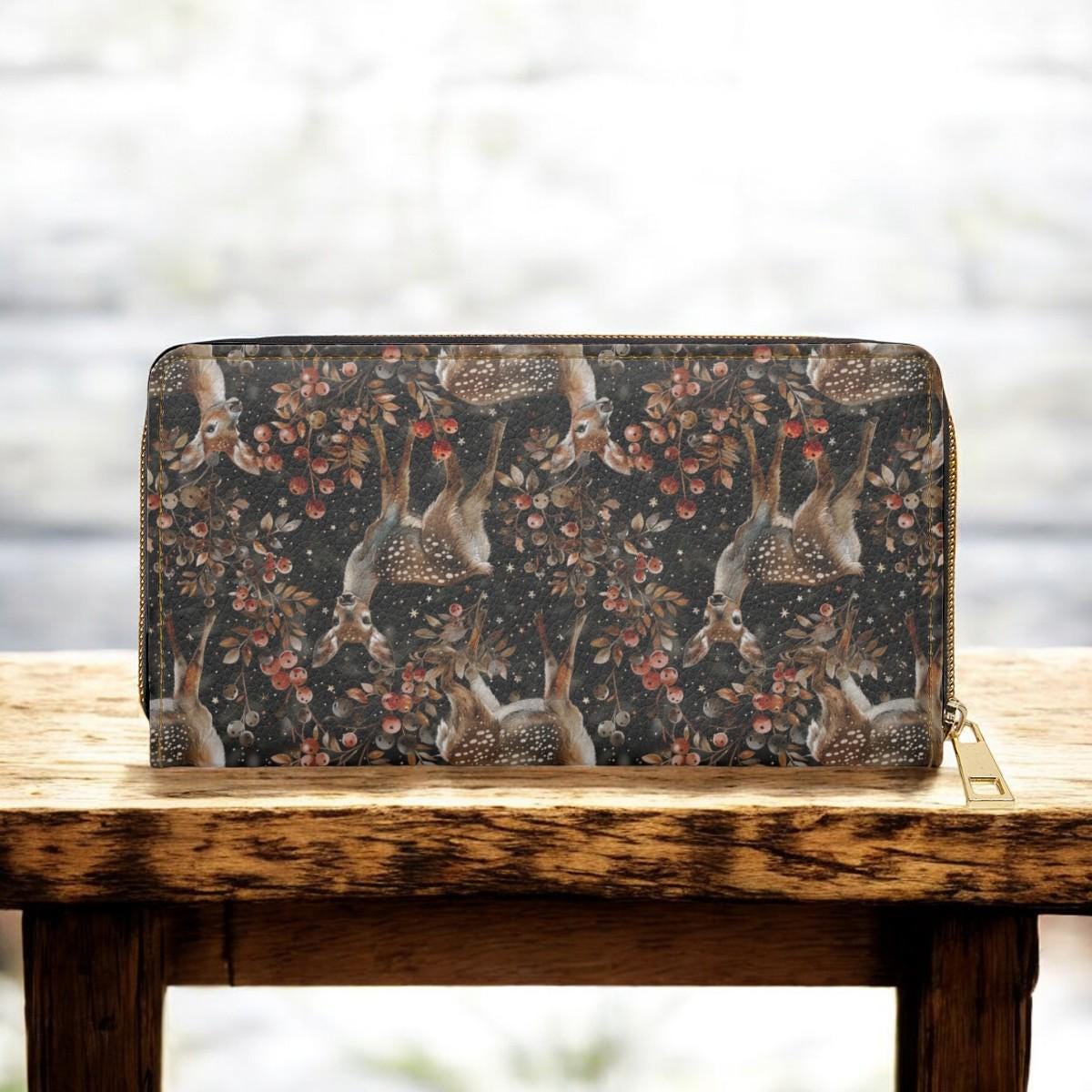 Cute Wallet, Slim Wallet, Winter Wallet, Gift For Deer Lover, Wallet for Women, Travel Wallet, Vegan Leather Accessory, Boho, Cottagecore