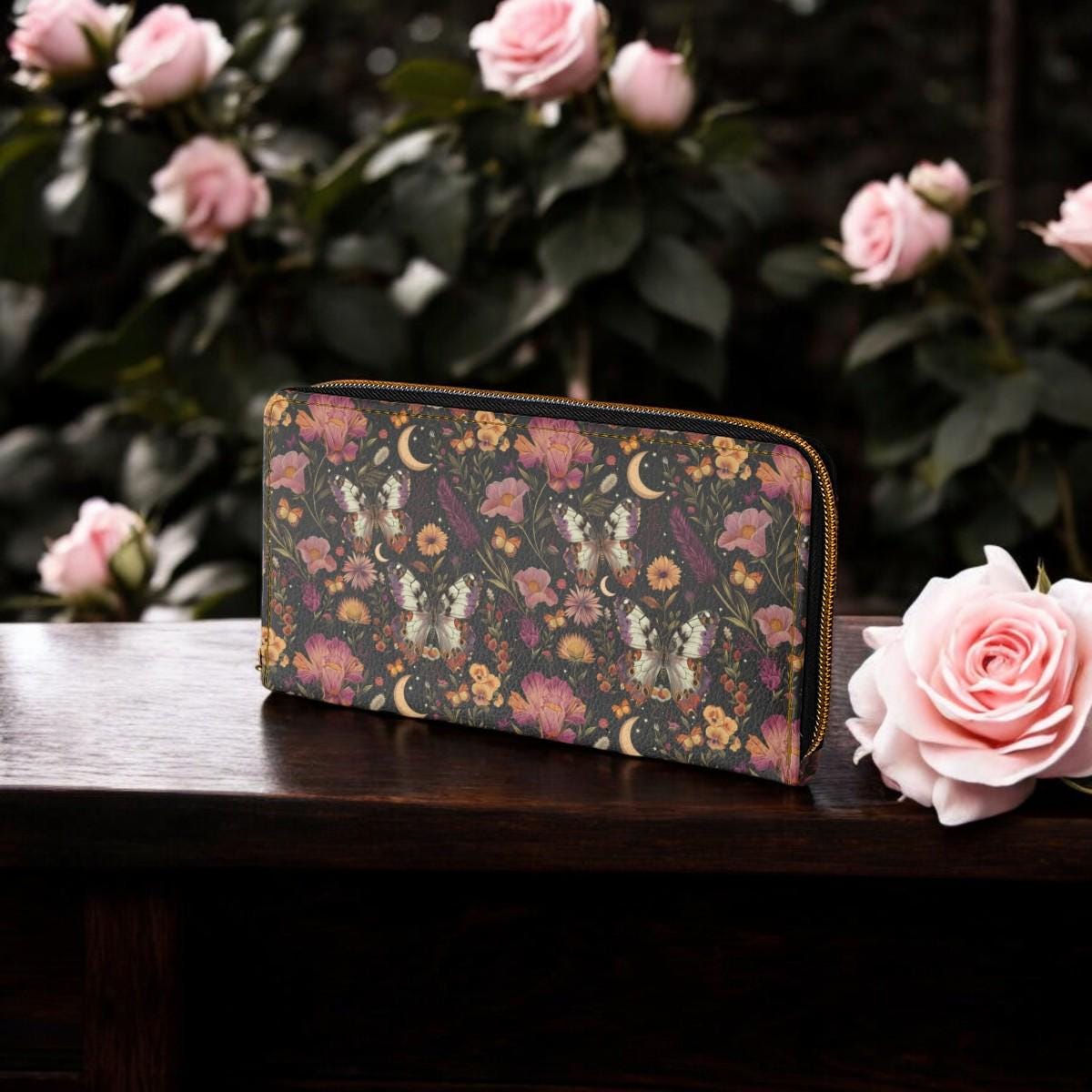 Butterfly Wallet, Dark Academia Wallet Goblincore Zip Up Wallet Dark Cottagecore Gift for Witchy Lovers Vegan Wallet Women Travel Floral