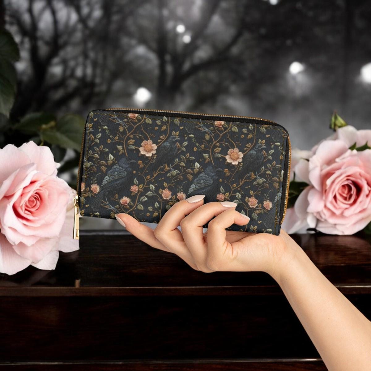 Faux Embroidered Crow Wallet, Dark Academia Wallet Goblincore Zip Up Wallet Dark Cottagecore Gift for Witchy Lovers Vegan Wallet Women Goth