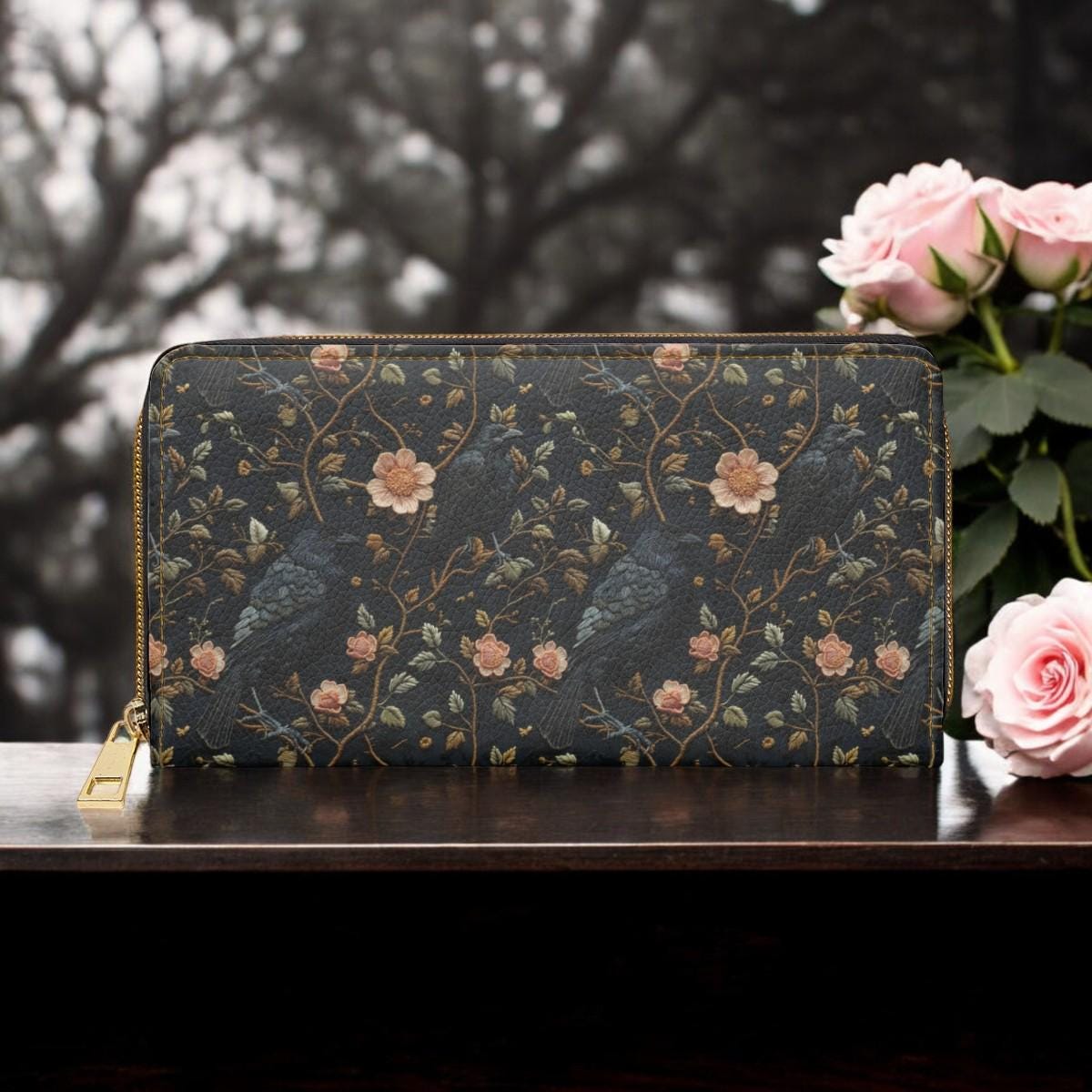 Faux Embroidered Crow Wallet, Dark Academia Wallet Goblincore Zip Up Wallet Dark Cottagecore Gift for Witchy Lovers Vegan Wallet Women Goth