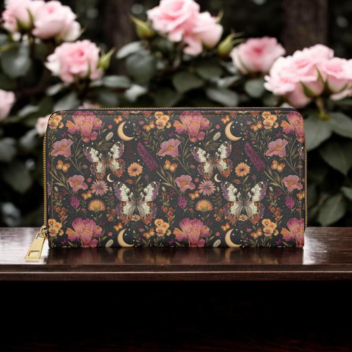 Butterfly Wallet, Dark Academia Wallet Goblincore Zip Up Wallet Dark Cottagecore Gift for Witchy Lovers Vegan Wallet Women Travel Floral
