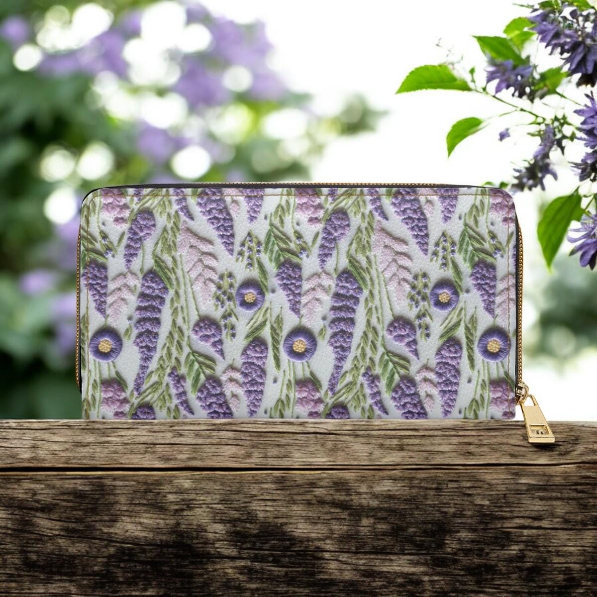 Cute Wallet, Floral Wallet, Cute Wallet Women, Zip Up Wallet, Cottagecore Gift for Lavender Lovers, Vegan Leather Wallet, Faux Embroidery