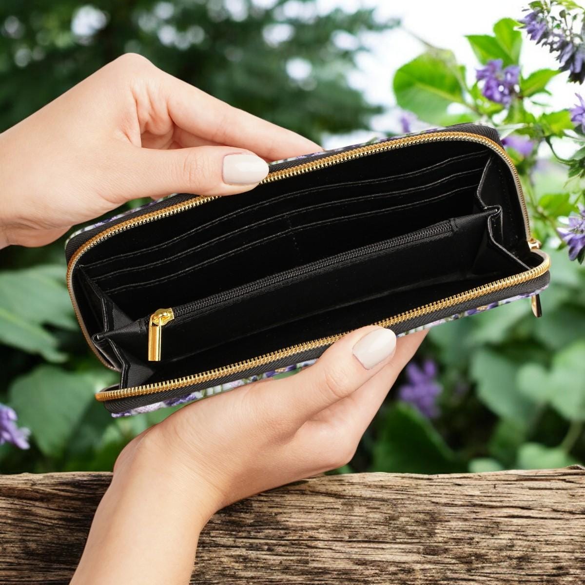 Cute Wallet, Floral Wallet, Cute Wallet Women, Zip Up Wallet, Cottagecore Gift for Lavender Lovers, Vegan Leather Wallet, Faux Embroidery