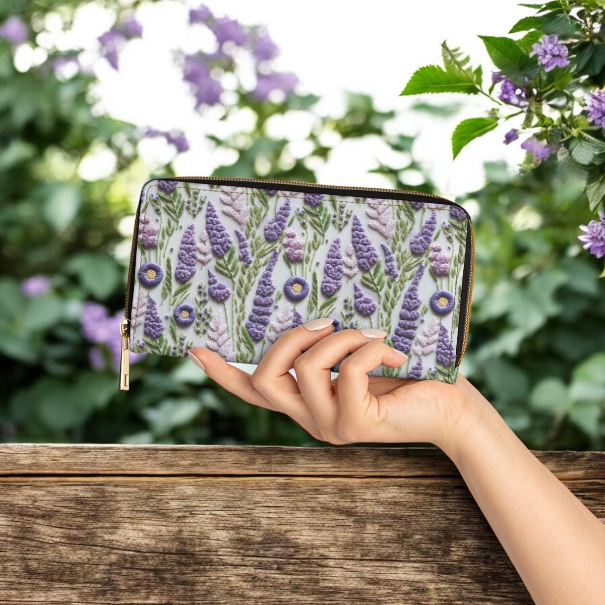 Cute Wallet, Floral Wallet, Cute Wallet Women, Zip Up Wallet, Cottagecore Gift for Lavender Lovers, Vegan Leather Wallet, Faux Embroidery