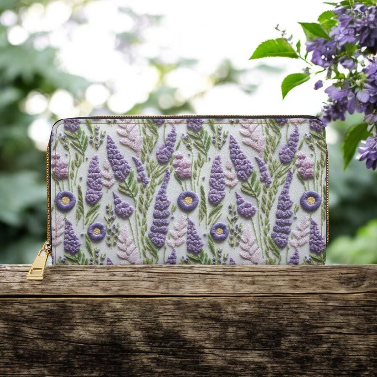 Cute Wallet, Floral Wallet, Cute Wallet Women, Zip Up Wallet, Cottagecore Gift for Lavender Lovers, Vegan Leather Wallet, Faux Embroidery