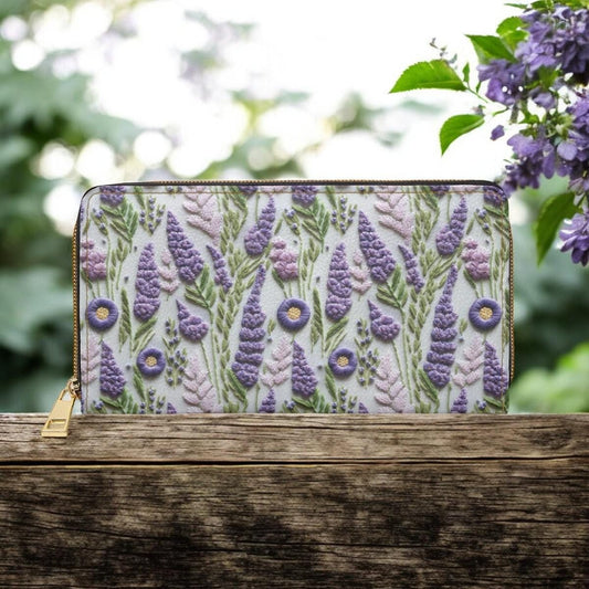Cute Wallet, Floral Wallet, Cute Wallet Women, Zip Up Wallet, Cottagecore Gift for Lavender Lovers, Vegan Leather Wallet, Faux Embroidery