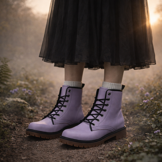 Purple boots with black laces worn by a person in a black skirt on a natural background