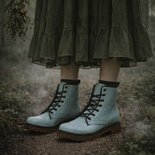 Light blue boots with dark laces worn with a green skirt on a natural background