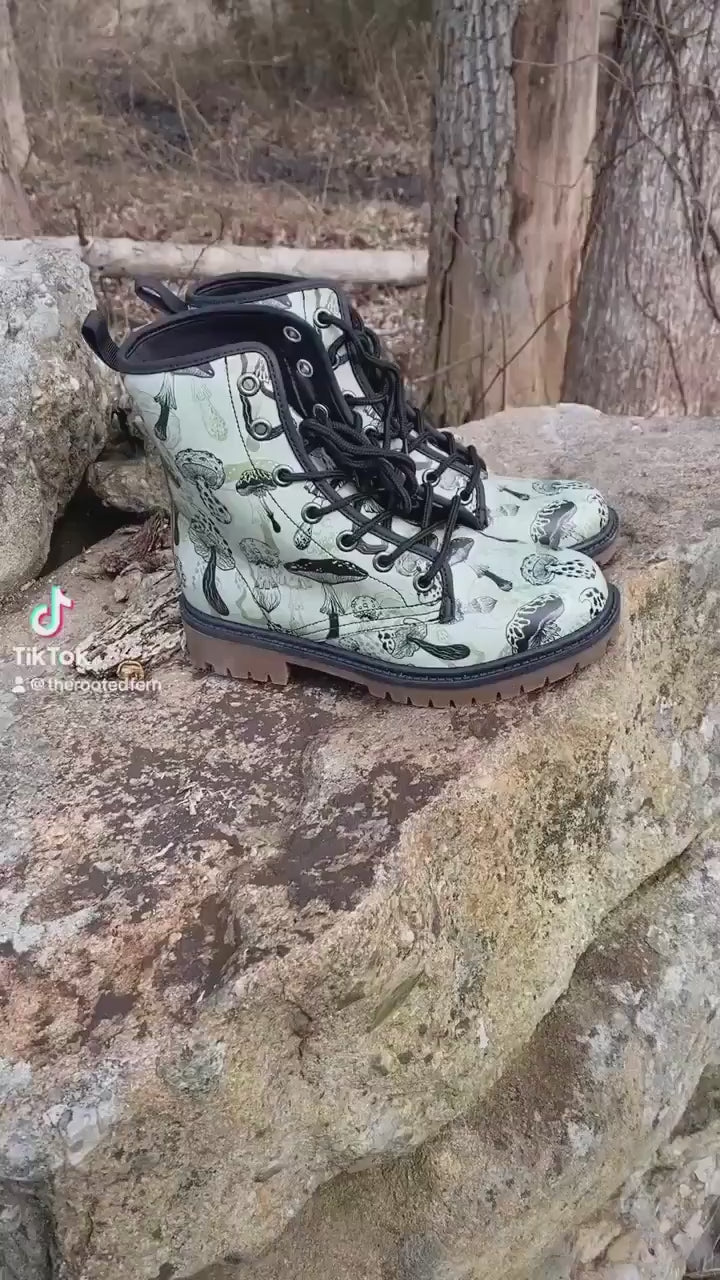 Magic Mushrooms Combat Boots Mens Leather Boots Witch Shoes Gift for Mushroom Lover Women's Platform Cottagecore Dark Academia