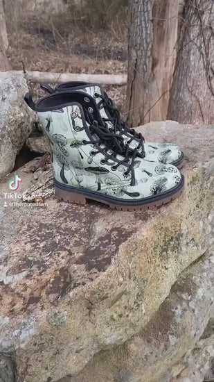 Magic Mushrooms Combat Boots Mens Leather Boots Witch Shoes Gift for Mushroom Lover Women's Platform Cottagecore Dark Academia