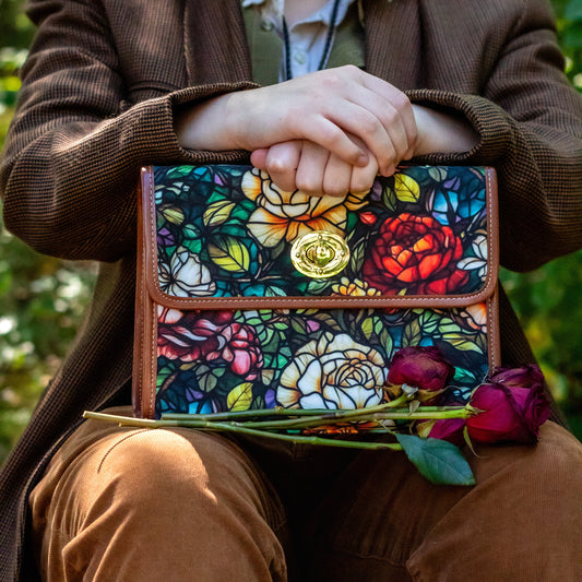 Stained glass floral satchel bag with colorful botanical pattern, vegan leather strap, and cottagecore nature inspired design by The Rooted Fern