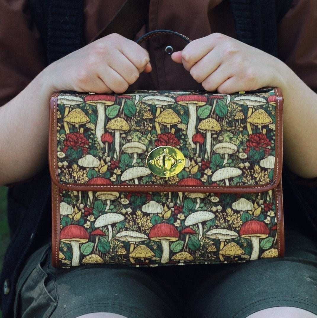 Toadstool satchel bag with woodland mushroom pattern and vegan leather crossbody strap by The Rooted Fern