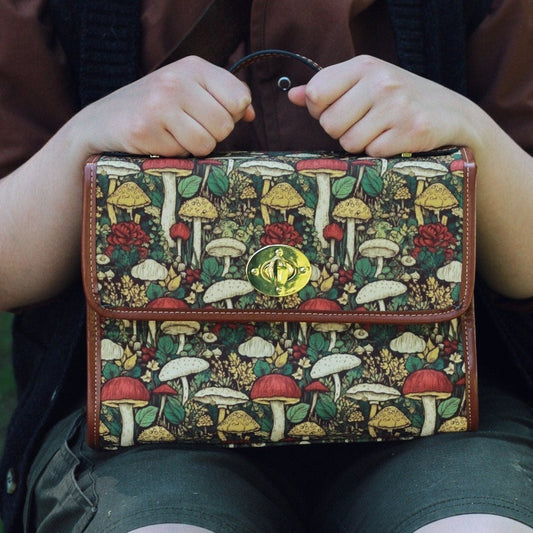 Toadstool satchel bag with woodland mushroom pattern and vegan leather crossbody strap by The Rooted Fern