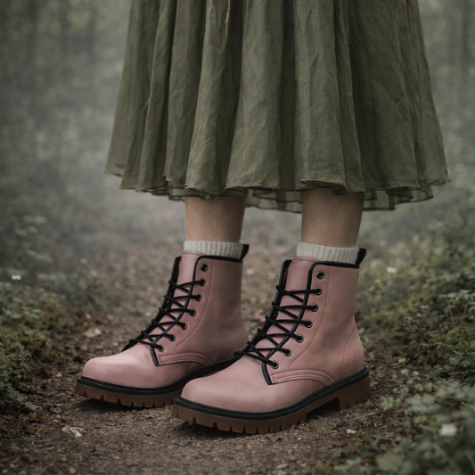 Pink boots with black laces worn with a green skirt in a forest setting